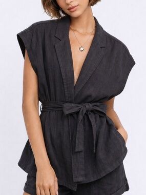 Anthropologie Washed Black Linen Blend Tie Waist Vest/Belted Minimalist Layering